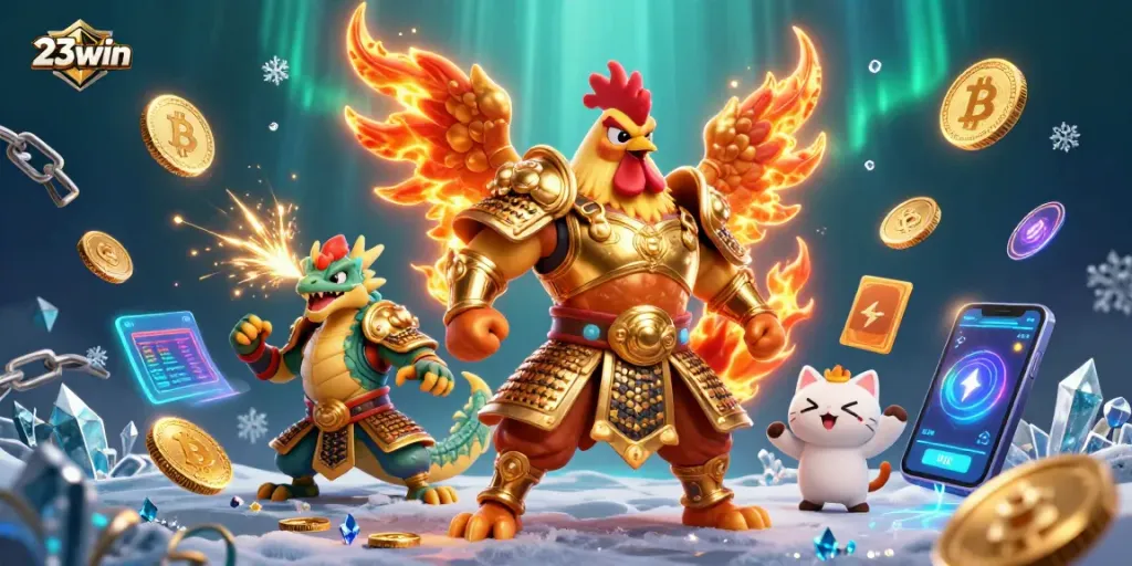 Play dynamic games on 23win with an exciting casino-themed illustration featuring a rooster warrior.