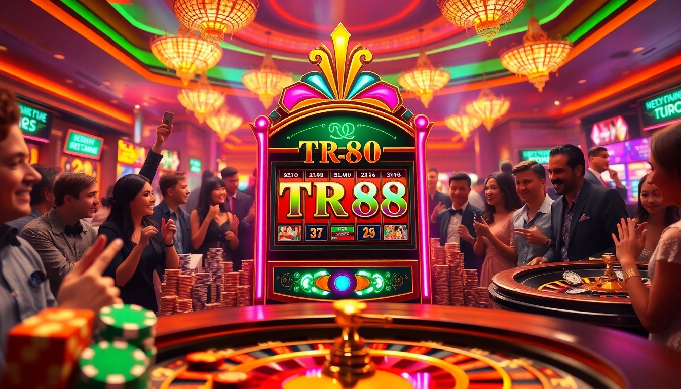 Experience the thrill of TR88 with a vibrant casino scene filled with slot machines and poker chips.
