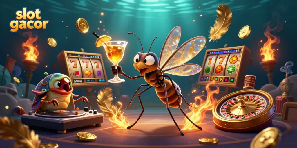 Engage in excitement with slot gacor as an animated mosquito mascot and fossil DJ bring vibrant casino life.