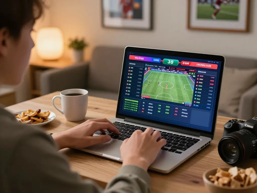 Player enjoying live sports betting on 888top in a cozy home office setup.