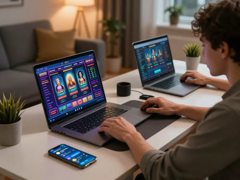Engaging in online gambling at Onbet with multiple devices in a cozy home setting