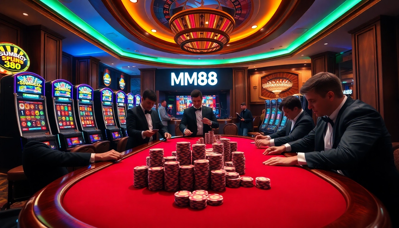 Experience the thrill of MM88 at a luxurious casino with vibrant poker tables and exciting slot machines.