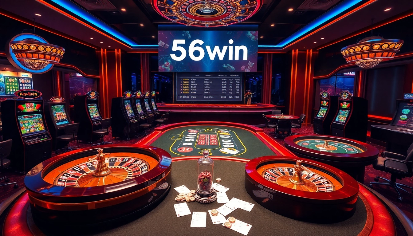 Experience the thrill of 56win at a luxurious casino with vibrant gaming tables and slot machines.