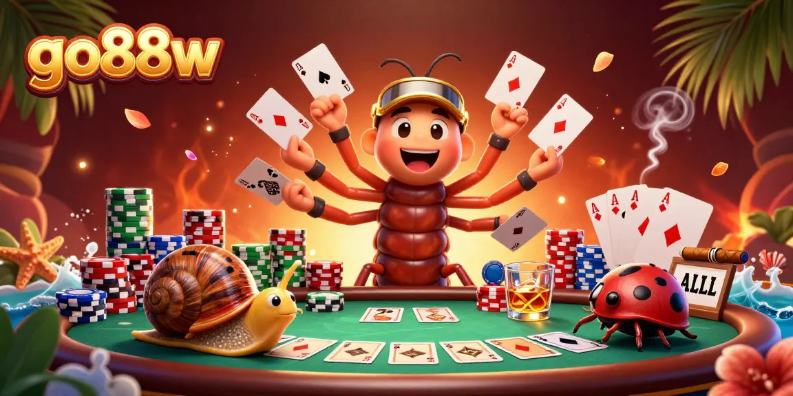 Join the excitement at go88w with a colorful gambling scene featuring poker cards, vibrant characters, and rich gaming elements.