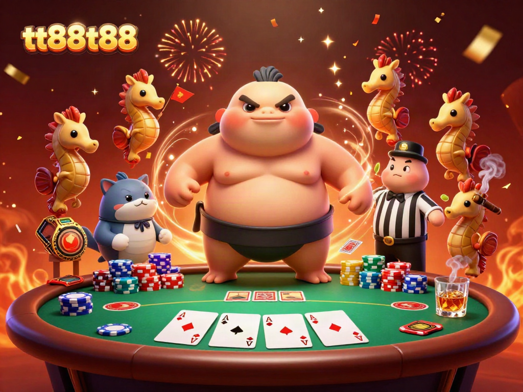 tt88tt88 showcases a lively underwater poker scene with fugu, catfish, and festive seahorses.