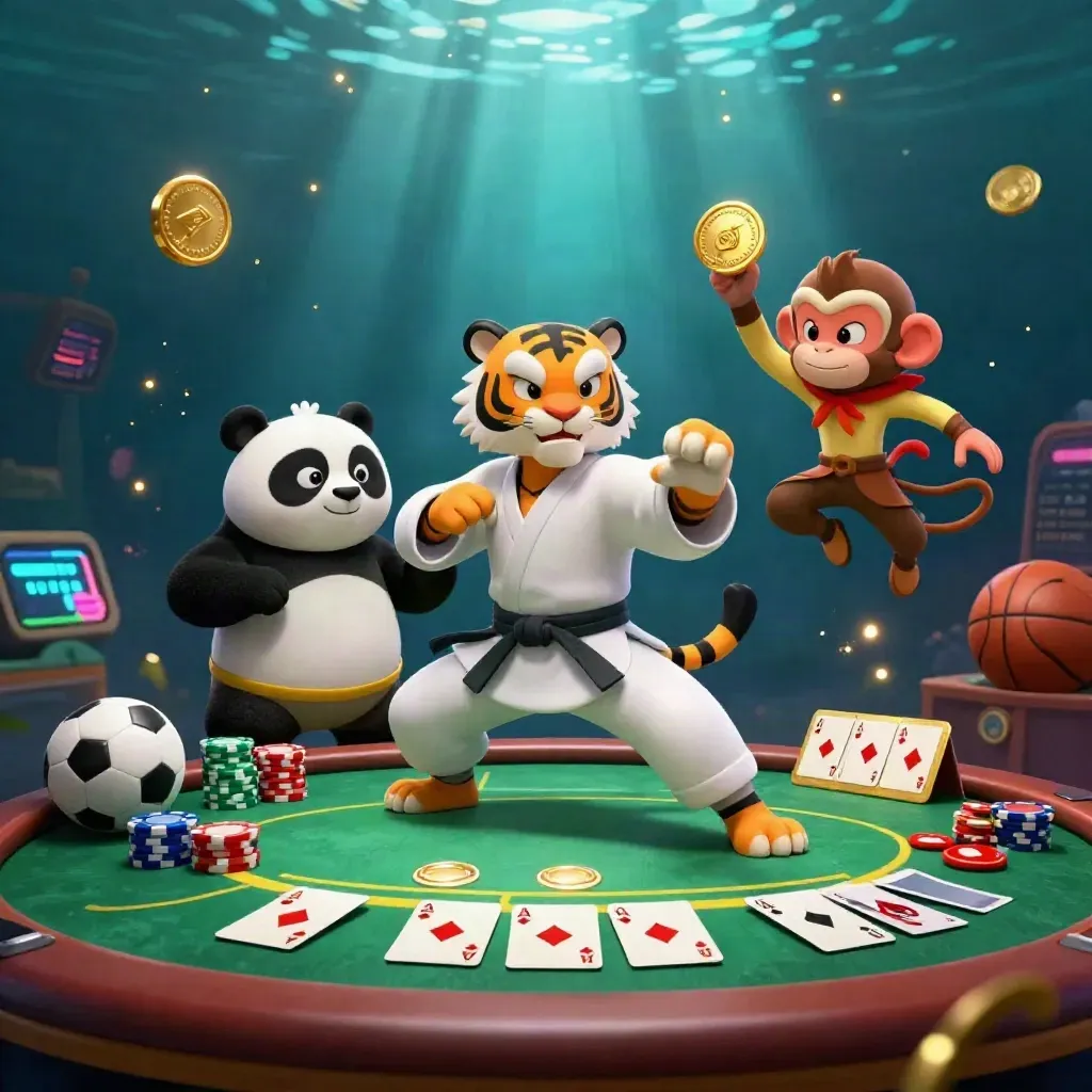 Kung-fu tiger, panda, and monkey amid poker chips and a gold medal in an emerald-lit underwater casino scene