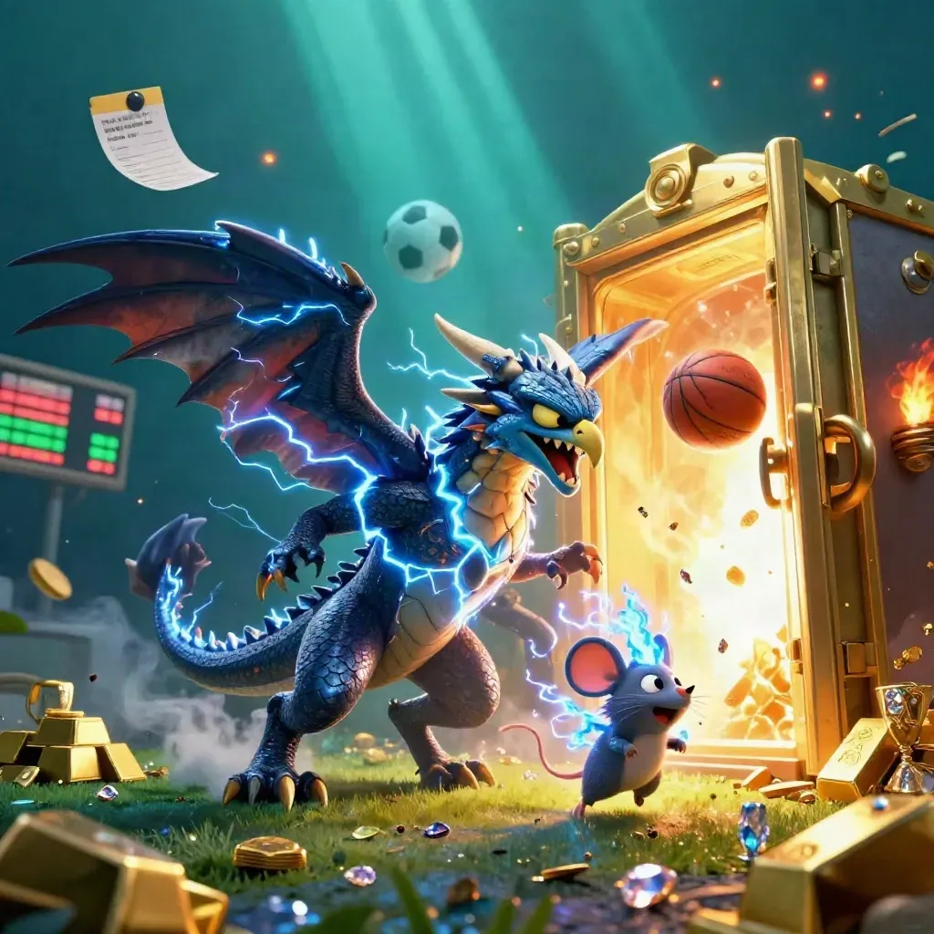 Thunder dragon, wind hawk and static mouse erupt around gold vault and flying balls.