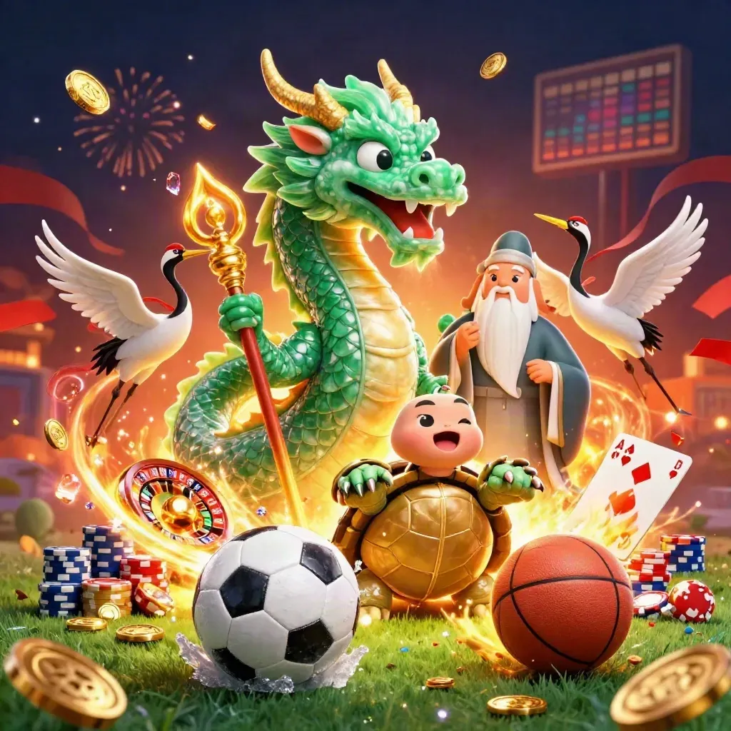 Emerald dragon, turtle sage and cranes amid casino symbols, gold fire, coins and balls at ground level