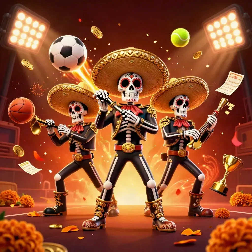 Skeleton mariachi trio amid flying sports balls, coins, trophy and stadium lights in a fiery casino splash.