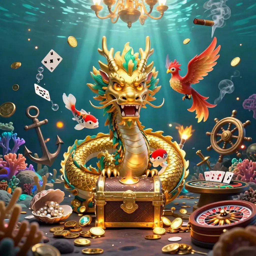 Golden dragon, phoenix and koi in a luxe underwater casino treasure cove.