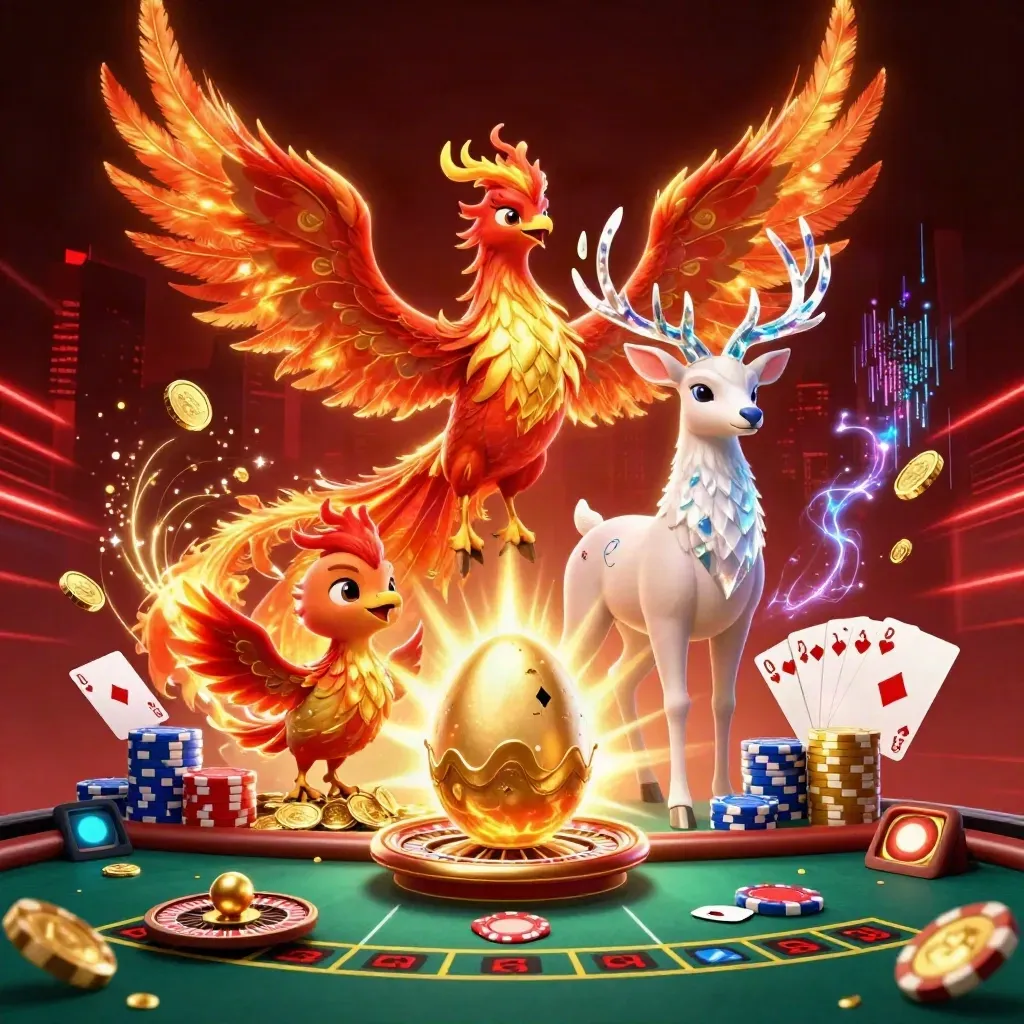 Phoenixes and a crystal stag amid casino gold, gems, neon streaks, and a spinning roulette wheel.