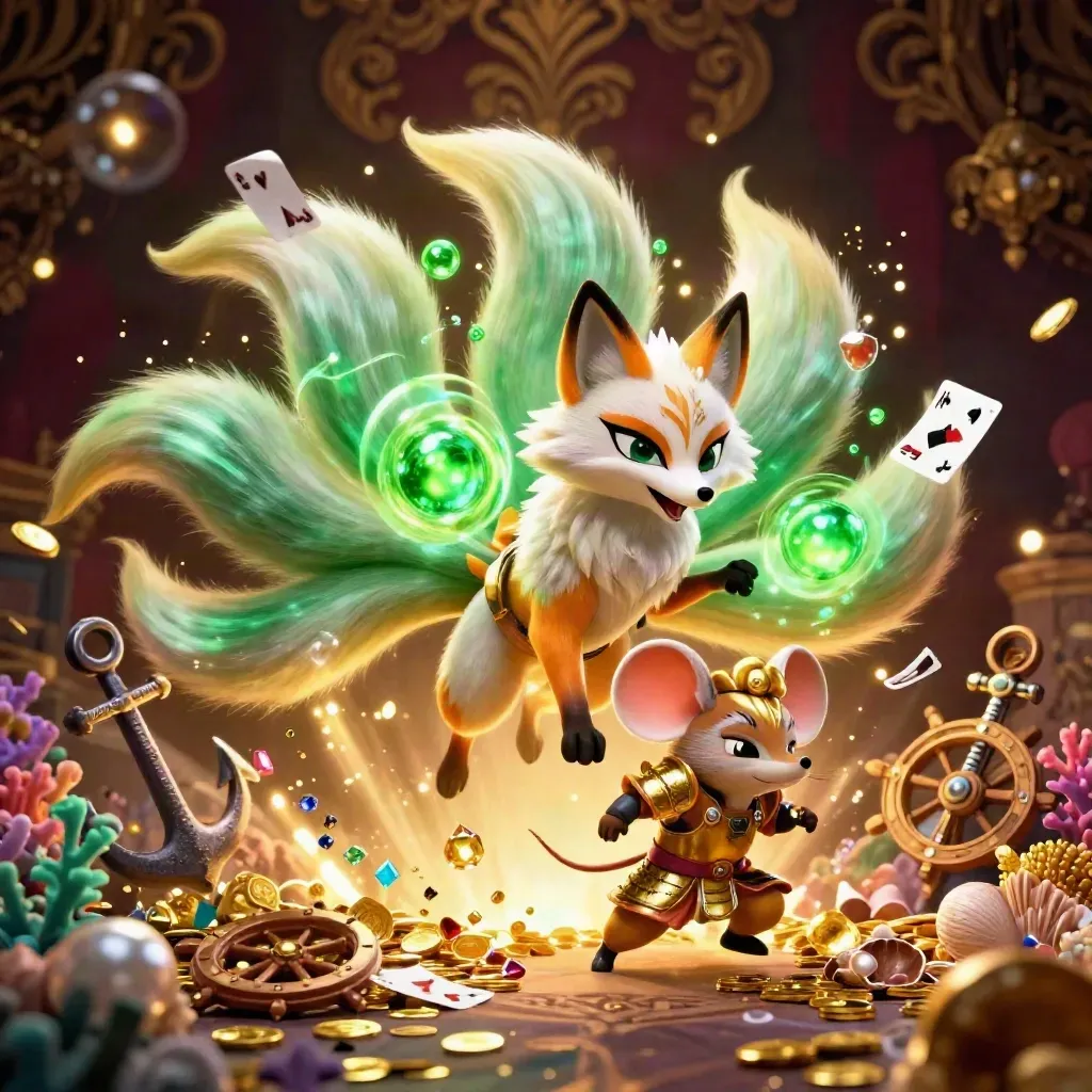 Fox spirit and samurai mouse in a treasure cove with coins, coral, shells, and emerald glow