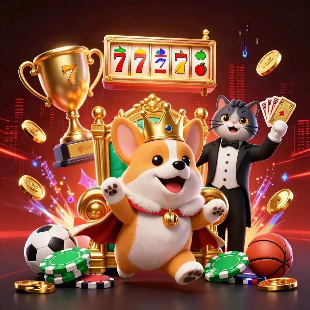 Royal corgi and cat butler amid chips, sports balls, coins, neon effects on a dark casino backdrop.