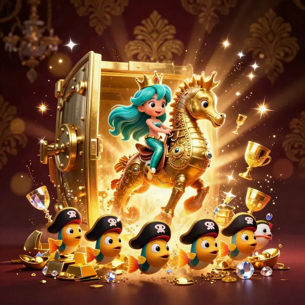 Mermaid princess on a golden seahorse amid treasure burst, vault glow, and pirate fish.