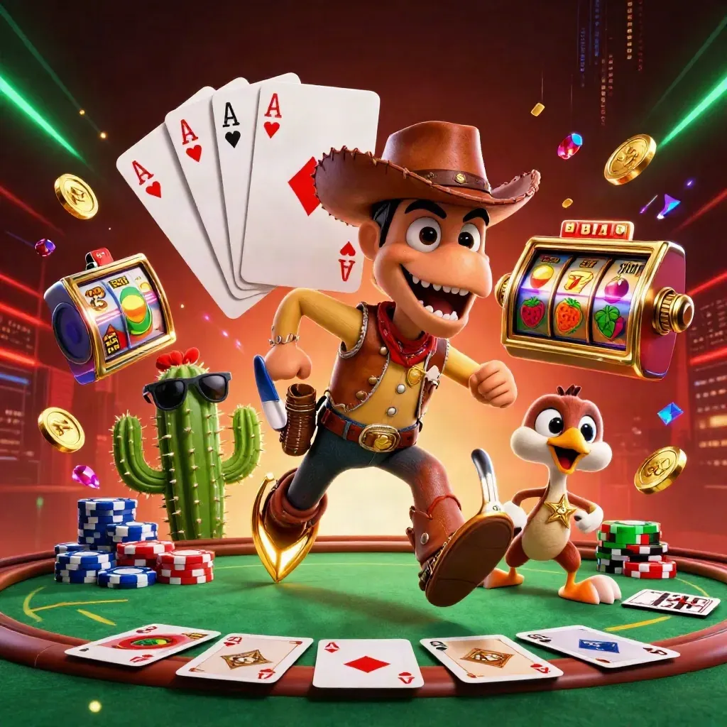 Cowboy T-Rex trio blasting through poker chips, cards, neon energy, and slot-style casino chaos.