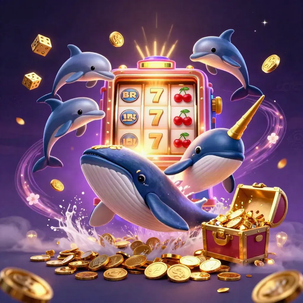 Whale captain, narwhal and dolphins burst through coins with casino magic, gold and runes