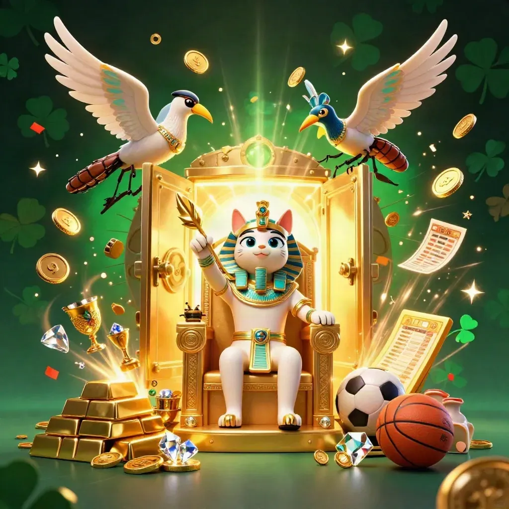 Pharaoh cat, ibis scribe, and gem-winged scarabs burst from a vault amid coins, gems, and fireworks.