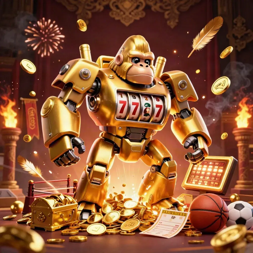 Golden gorilla mech with monkey pilot bursts from treasure, coins, banners, and sports props.