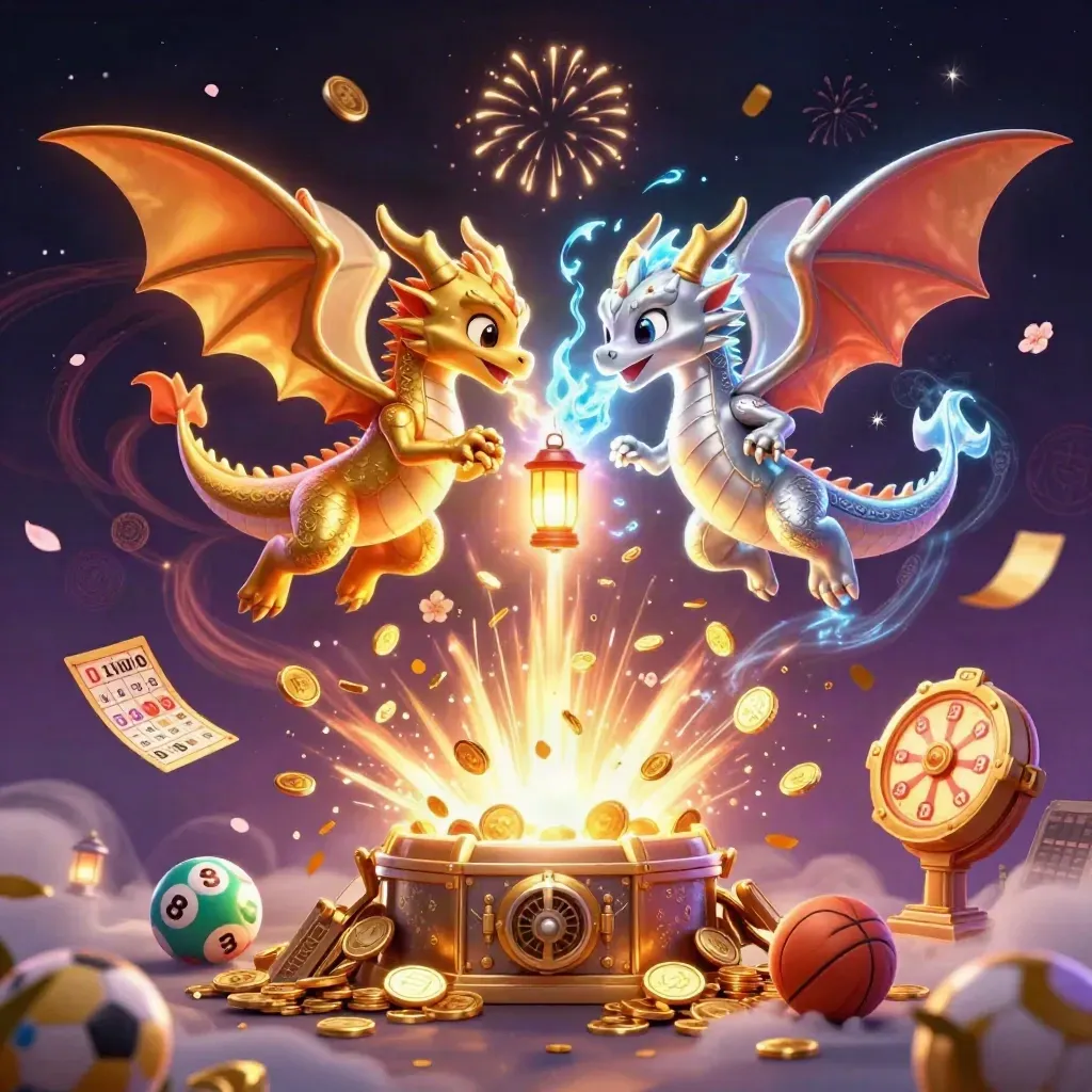 Gold and silver dragons spiral around coins, lottery balls, prize wheel, and a lantern spirit.
