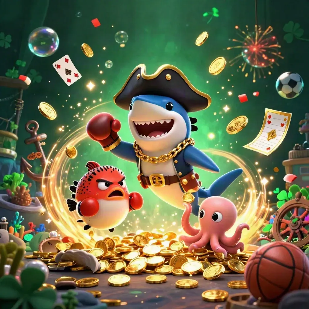 Shark pirate, boxing pufferfish, and coin-juggling octopus amid gold coins and fireworks.