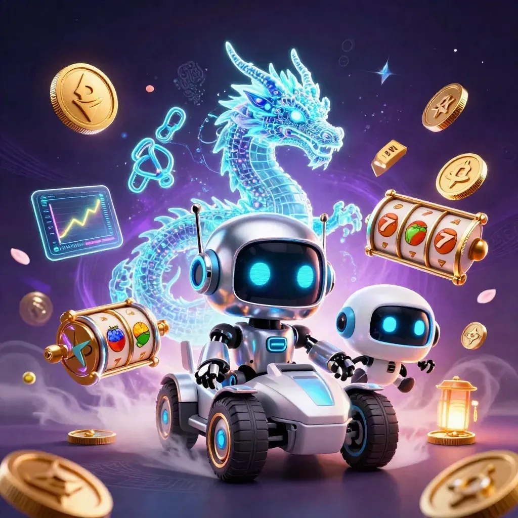 Cyberpunk robot, holographic dragon and coin drone amid neon casino effects.