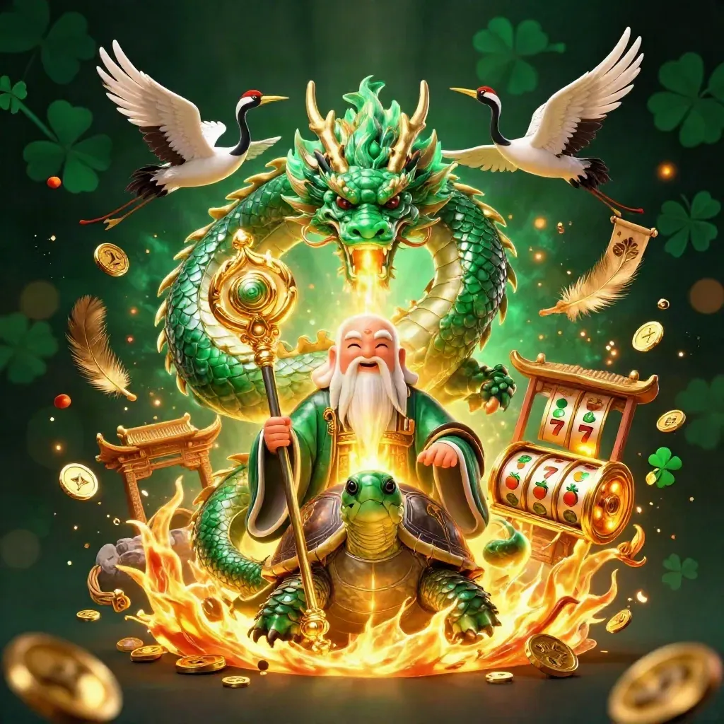 Emerald dragon, turtle sage and cranes amid gold fire, coins, reels and temple glow.