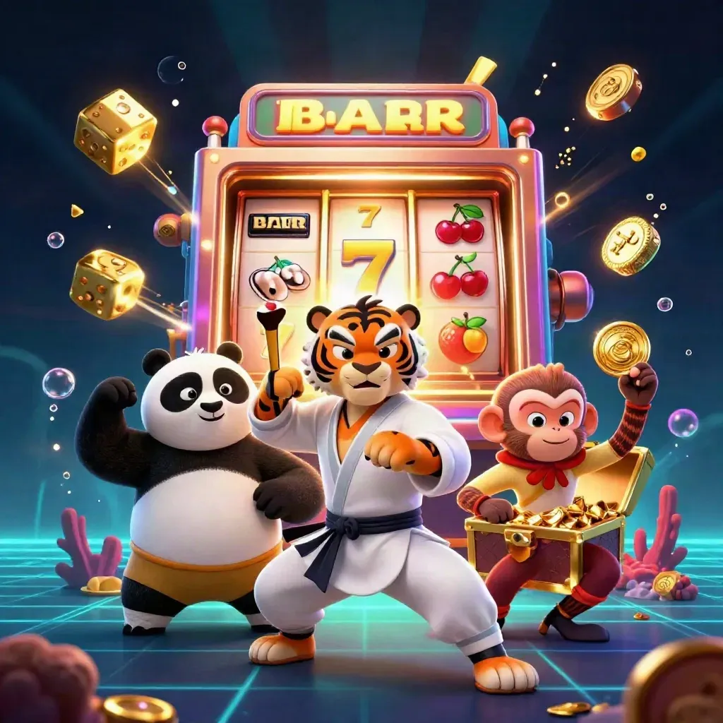 Kung-fu tiger, panda, and monkey amid slot reels, gold, and neon casino effects