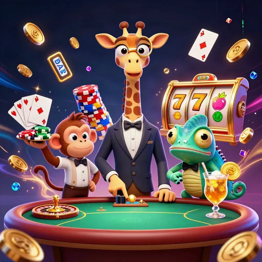 A suited giraffe, monkey valet, and chameleon bartender amid casino chips and glowing coin bursts.