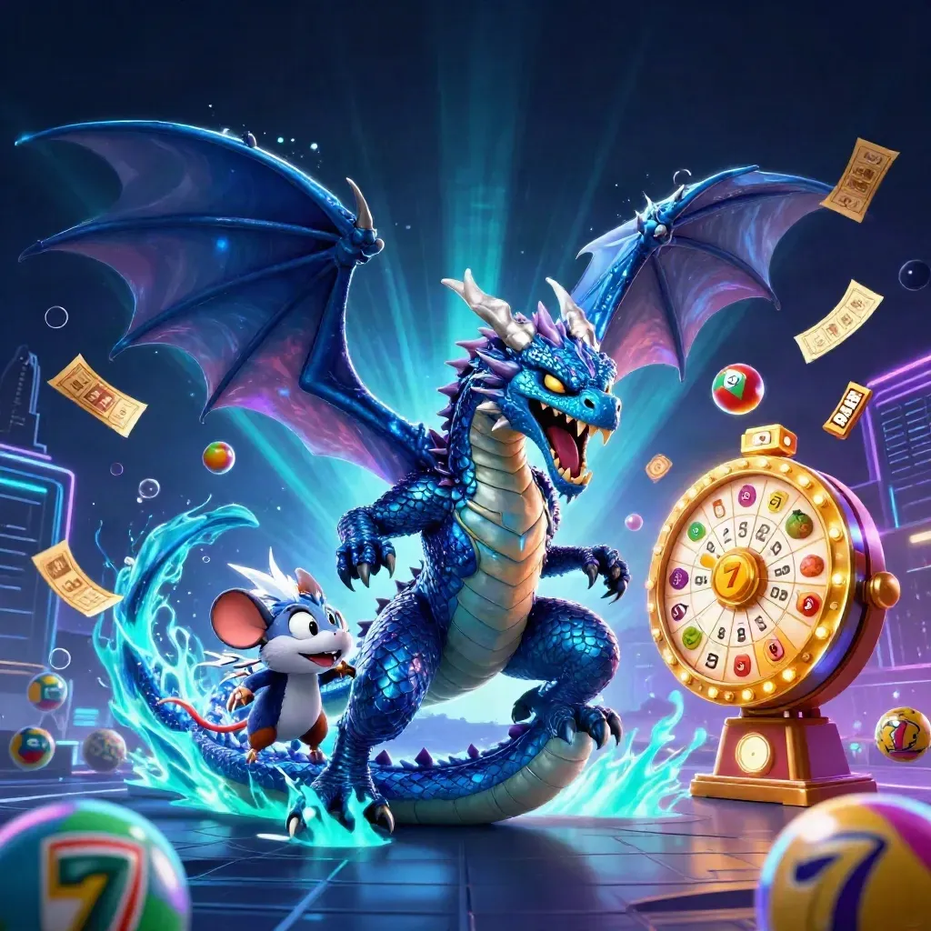 Thunder dragon, wind hawk, and static mouse amid casino reels, balls, tickets, and neon lightning.