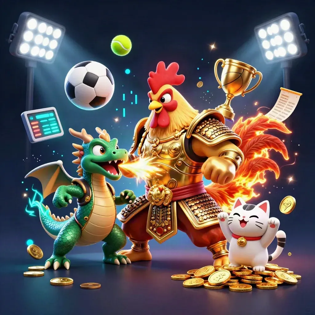 Rooster warrior, dragon hatchling, and fortune cat amid neon casino rewards and sports balls.