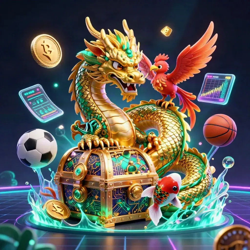 Golden dragon, phoenix, and koi around treasure chest with neon coins on a dark grid background.