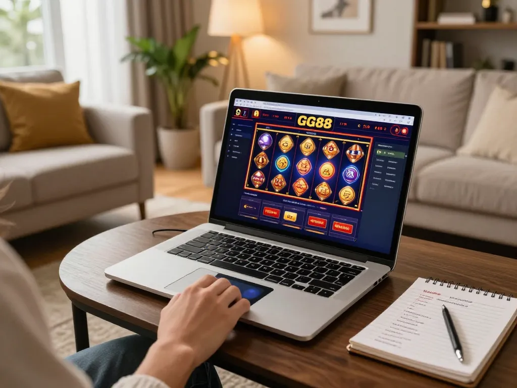 Engaging in online gameplay at GG88 casino with cozy atmosphere and vibrant slot games on laptop.