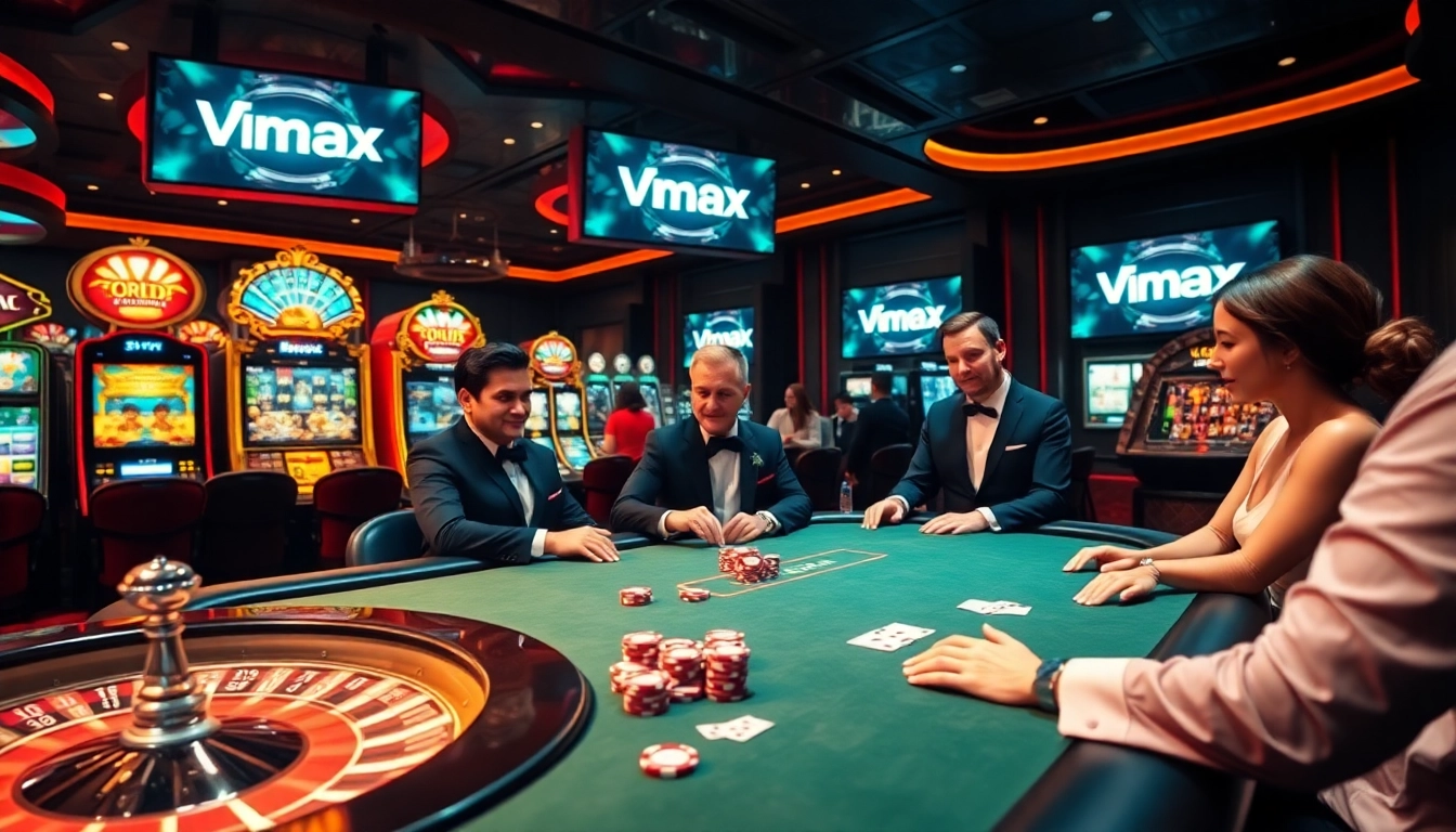 Players enjoy thrilling casino games at Vmax's premium tables, surrounded by vibrant slot machines.