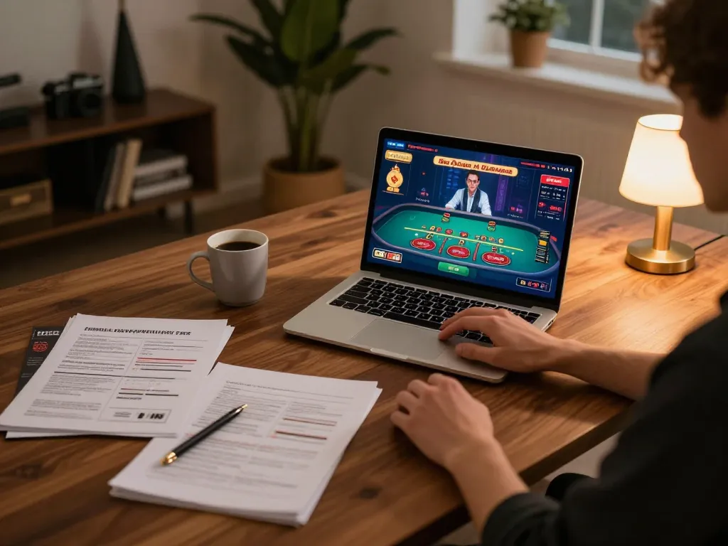 Engaging in kuwin live dealer game on a laptop at a cozy gaming setup
