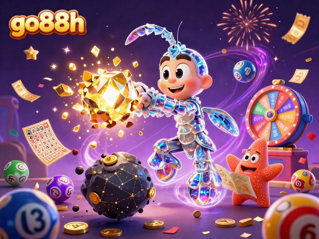 Engage with go88h in a galactic casino adventure filled with golden coins and vibrant lottery elements.