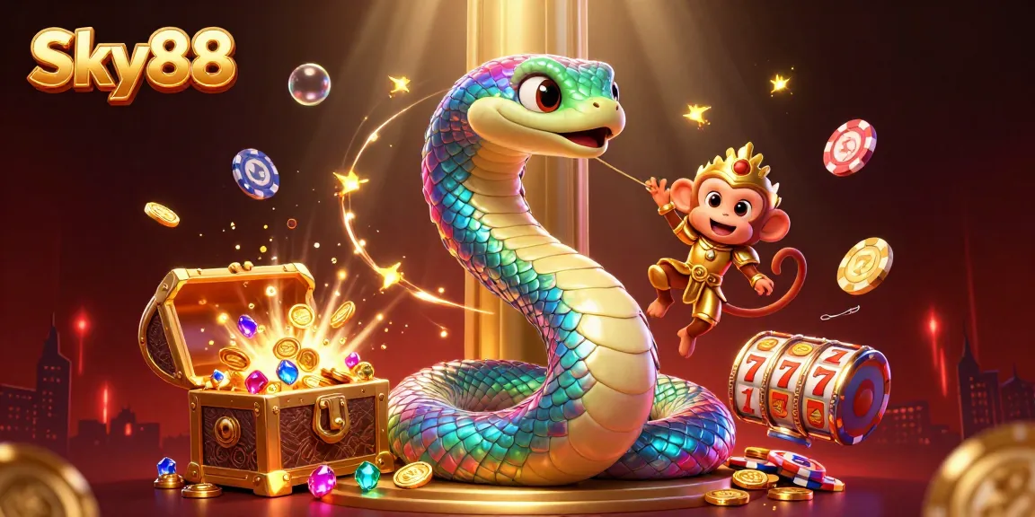 Engage with captivating features at Sky88's online casino, surrounded by vibrant elements like treasure chests and playful characters.