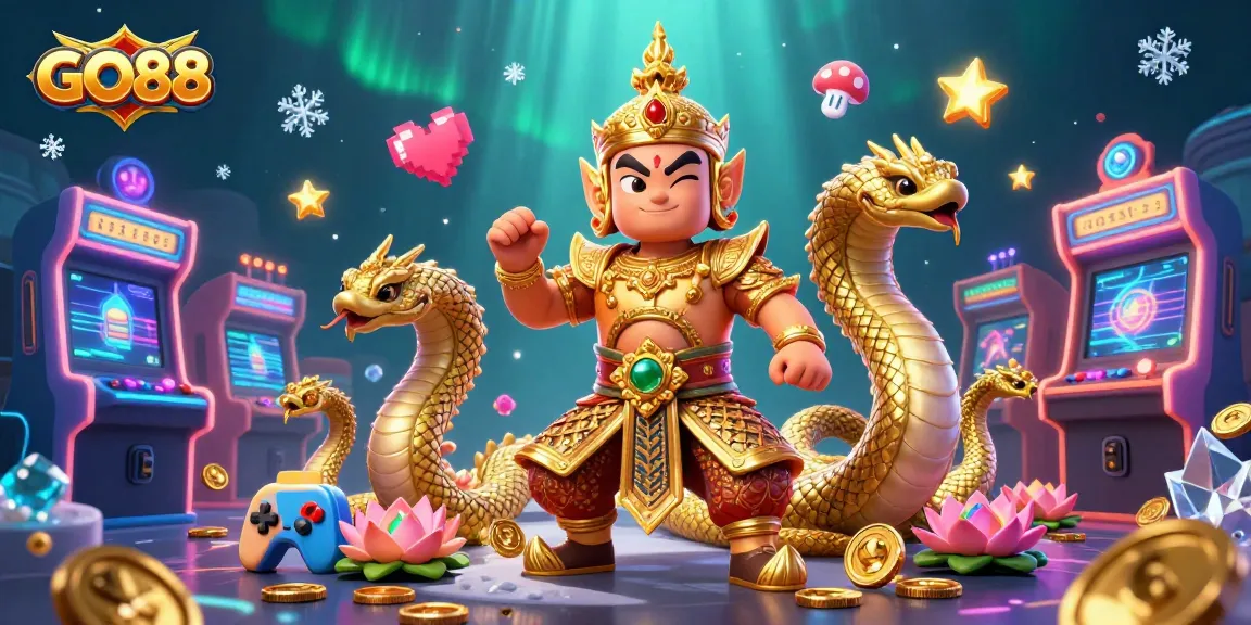 Experience GO88's vibrant gaming world with 3D guardian, Naga companions, and classic arcade elements.