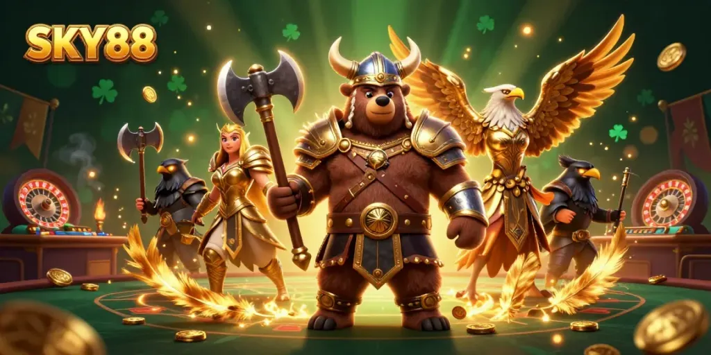 Experience the thrilling atmosphere of SKY88 live casino with a Viking bear and Valkyrie eagle in action.