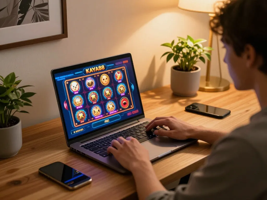 KAYA88 gaming session on a laptop, showcasing vibrant slot games in a cozy home setting