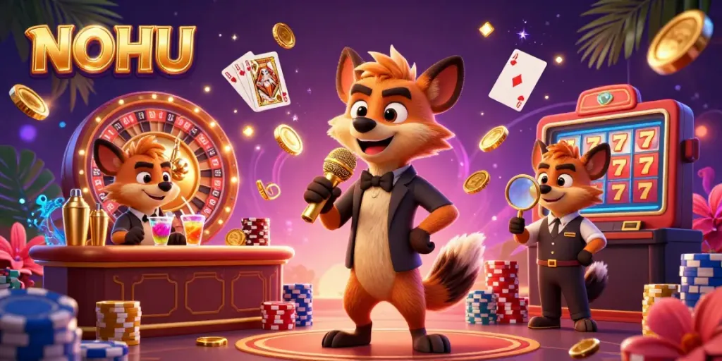 Enjoy a dynamic casino scene featuring NOHU where hyenas capture the fun while winning with slots and roulette.