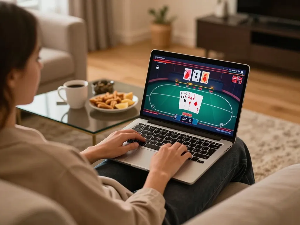 Bong88 user engaging in online poker gaming from cozy home setting, showcasing dynamic gameplay.
