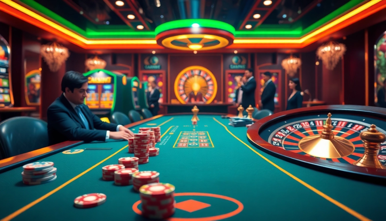 The excitement of L444 online casino represented with a digital roulette wheel and vibrant poker table.