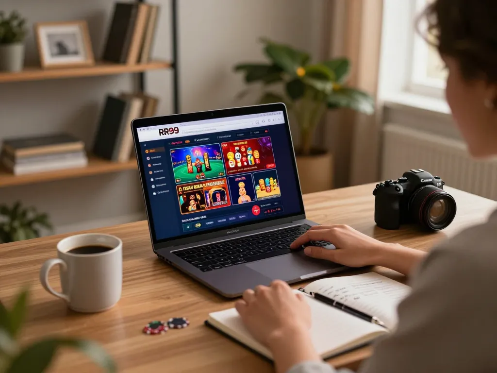 Engaging online gambling gameplay on RR99 casino platform with cozy setup and strategic notes.