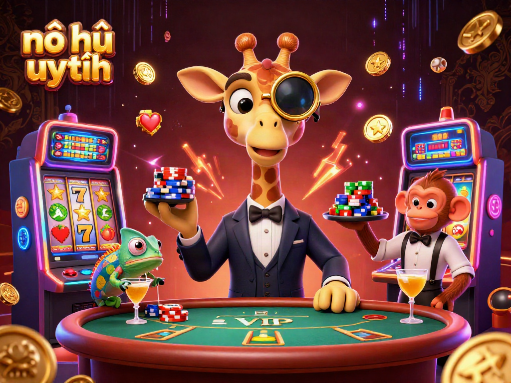 Experience nổ hũ uy tín with vibrant 3D characters enjoying a lively casino atmosphere and slot action.