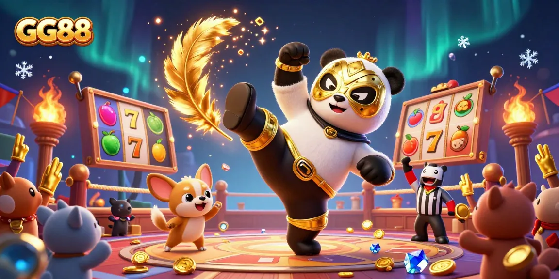 Experience GG88 action with cartoon characters in a lively casino scene filled with slot symbols and excitement.