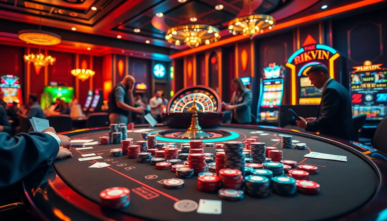 Experience thrilling gameplay at rikvip casino tables filled with chips and cards.