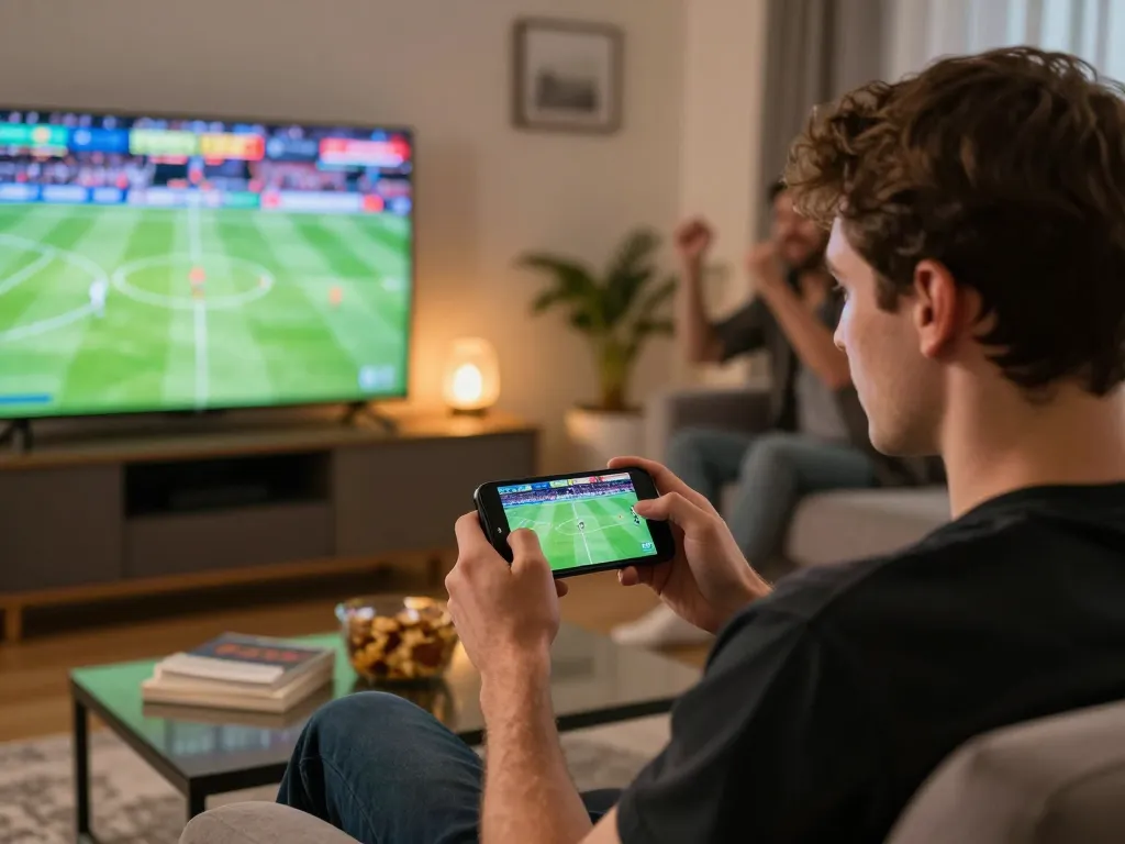 Player engaging in sports betting on LV88 app in a cozy living room