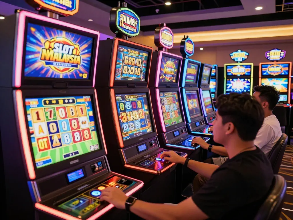 Exciting gameplay at Slot Malaysia, players engaging with vibrant slot machines in an online casino setting.
