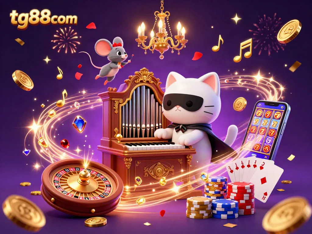 Tg88com elevates your gaming experience with an enchanting casino scene filled with vibrant characters and dynamic action.