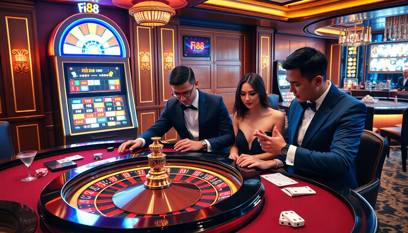 Players enjoy a thrilling moment at a Fi88 casino table with vibrant poker chips and roulette.